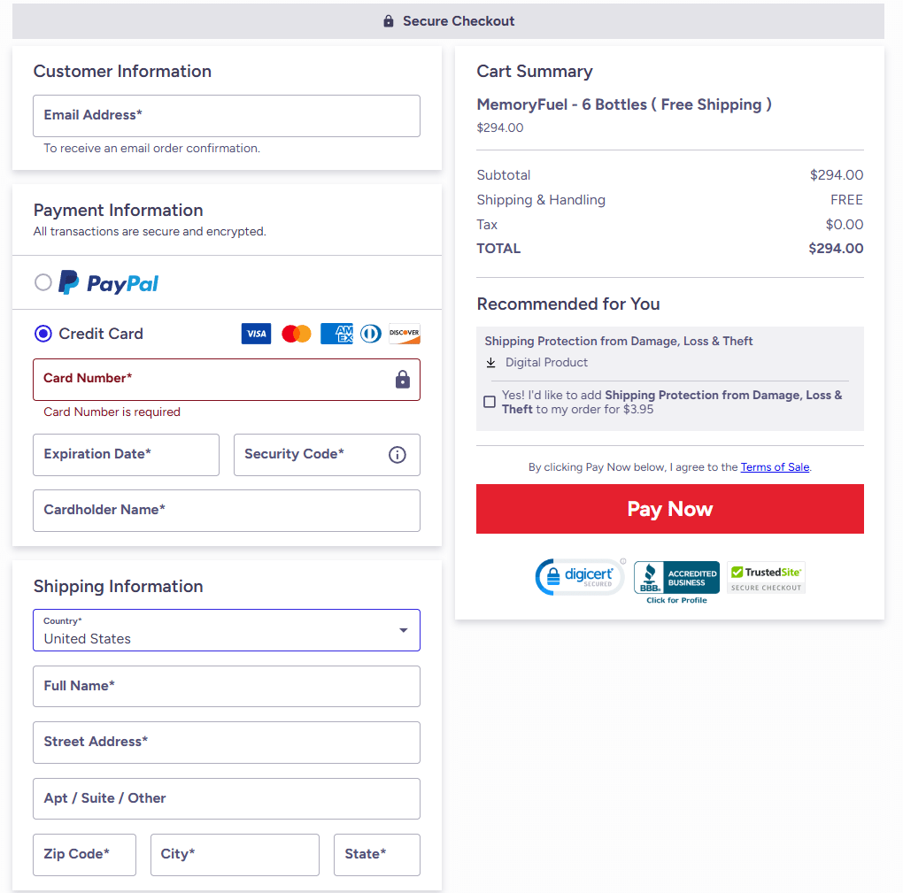 MemoryFuel Order page